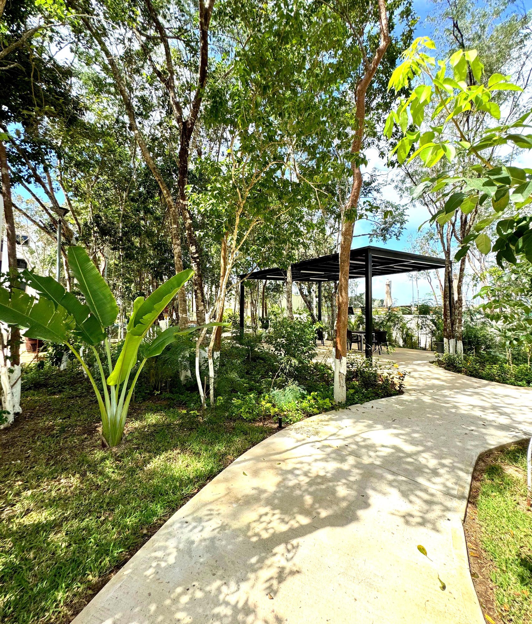 Lush green walking trails and relaxation areas in La Selva Residences – Tranquil outdoor spaces in a furnished apartment community in Playa del Carmen